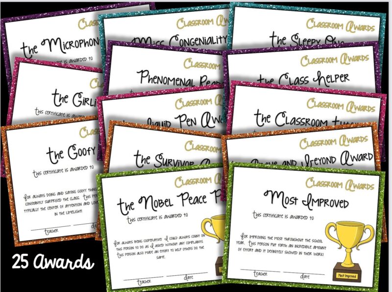 Set of 25 printable classroom awards for middle and high school