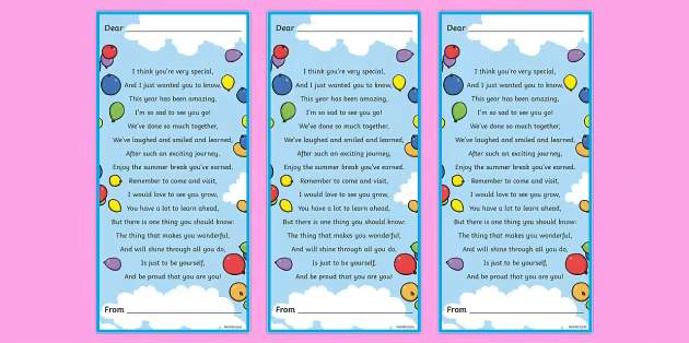 End of year poem on bookmarks with balloon illustrations on pink background.