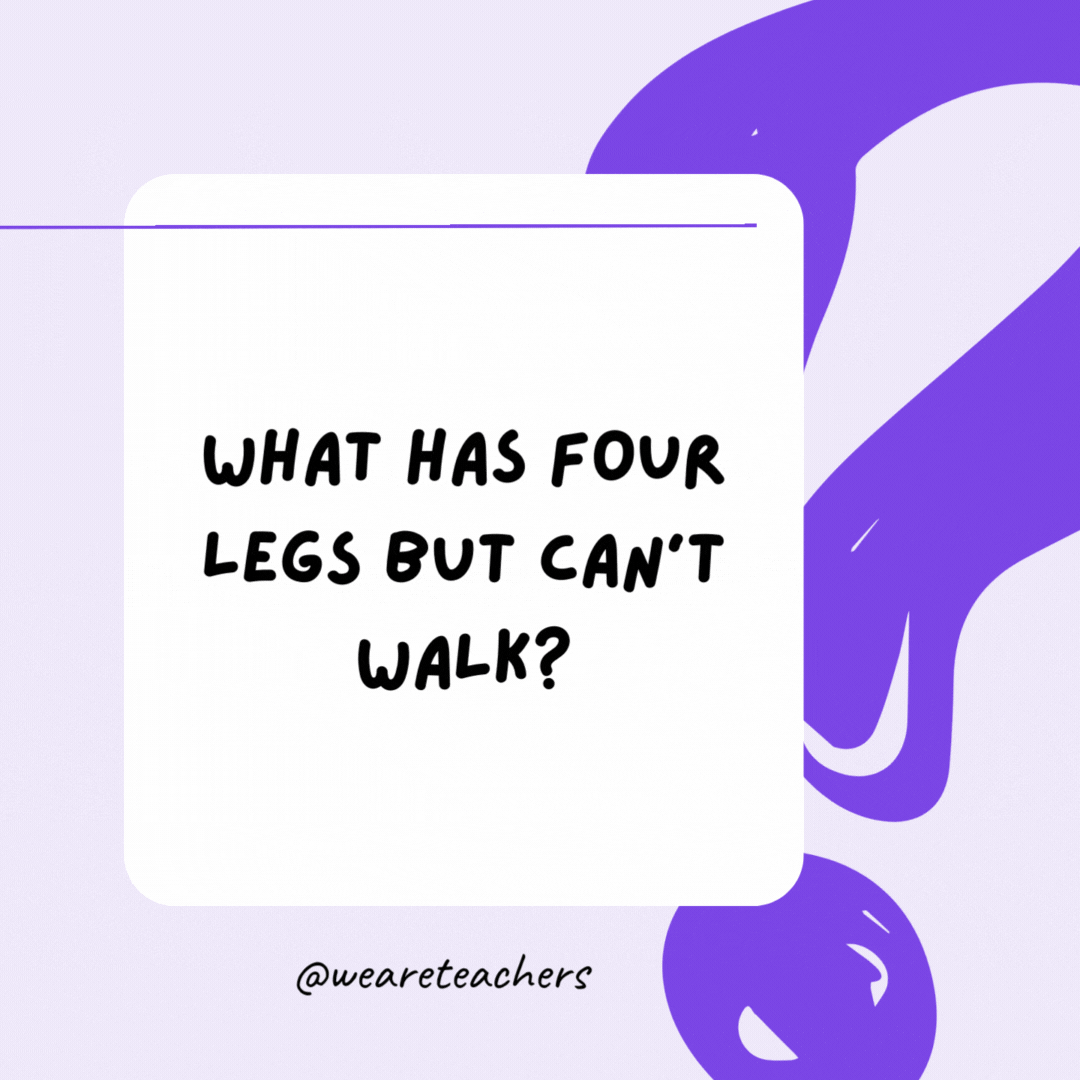 What has four legs but can’t walk? A table.