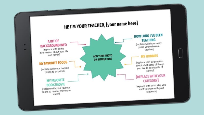 Meet the teacher slide on a tablet- first day of school google slides