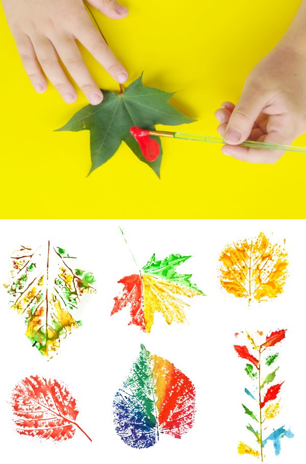 A top photo shows a toddler's hand painting a leaf. The bottom shows the imprint of the leaves on white paper. Example of easy crafts for kids.